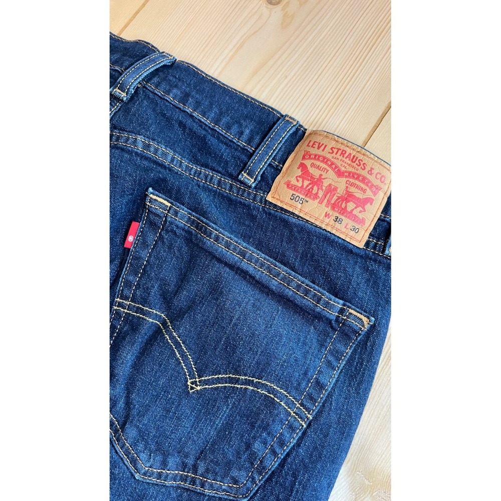 Levis 505 Regular Fit Straight Leg Dark Wash Blue Jeans Mens 38x30 Water Less